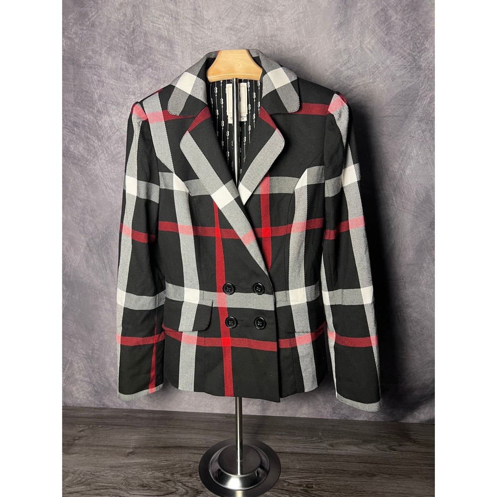 Kay Unger New York Plaid Double Breasted Blazer Jacket Red Black Size 4 Stretch